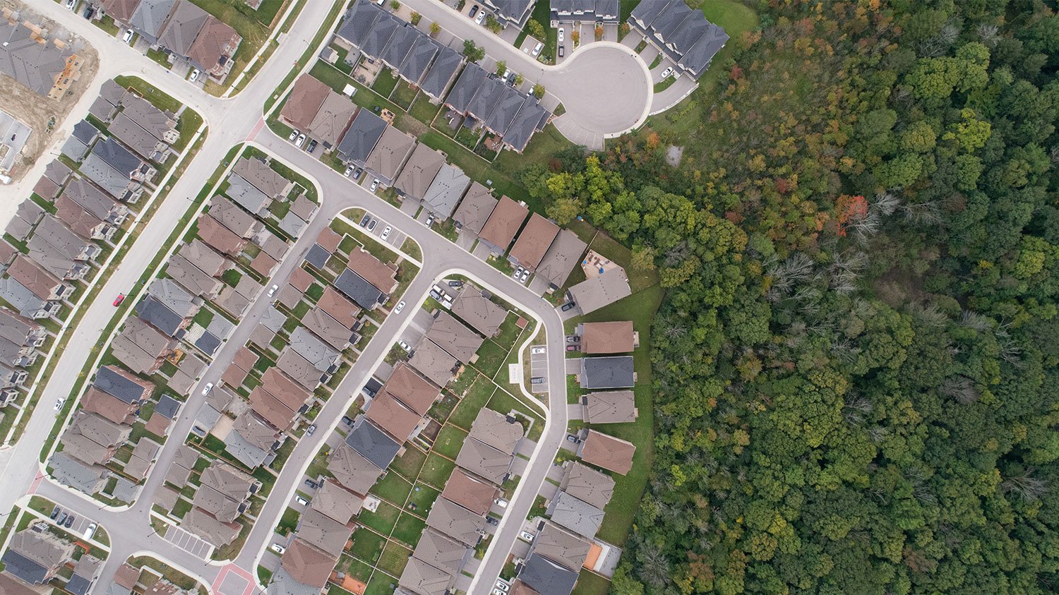 Aerial view of an Acorn Developments suburban community bordering a forest in the Greater Toronto Area