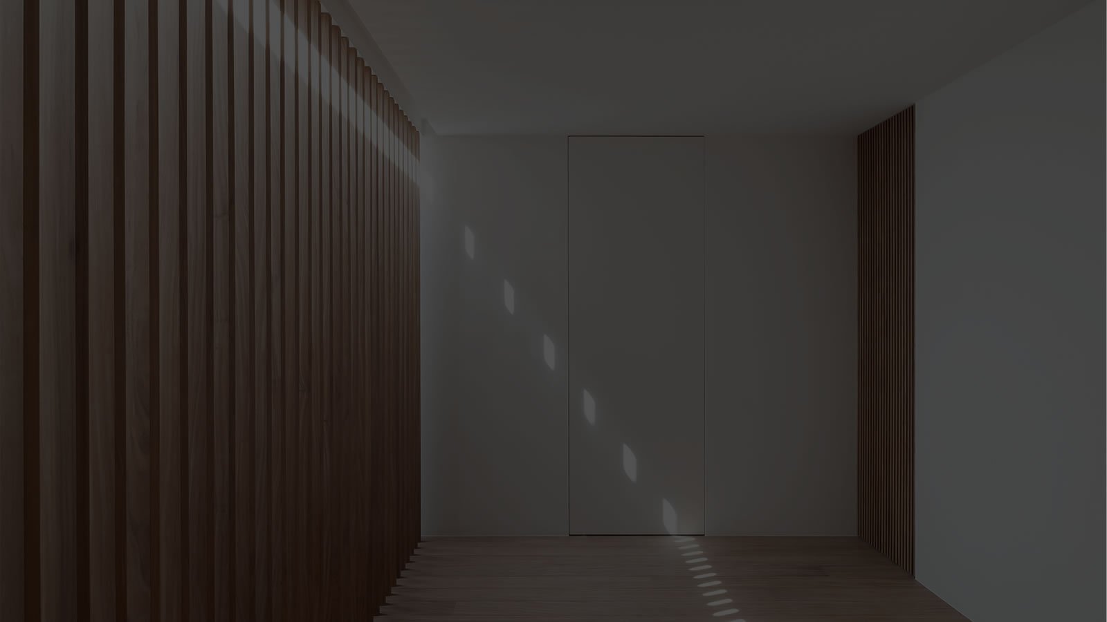 Sunlight streaming across a minimalist modern interior with wood slat walls