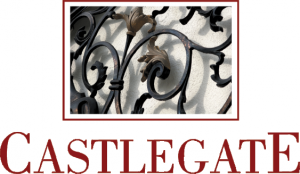 Castlegate logo with ornate wrought-iron scrollwork above the Castlegate wordmark